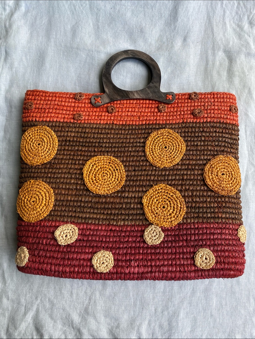Jamin Puech red brown orange straw raffia horn handle striped dot tote bag